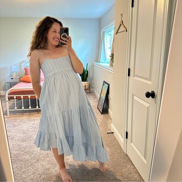 Frame Blue Striped Cotton Hemp Asymmetric Maxi Dress Small - Picture 3 of 13